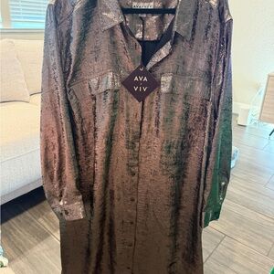 Ava & Viv Metallic Brown Button-Down Shirt Dress with Sheen